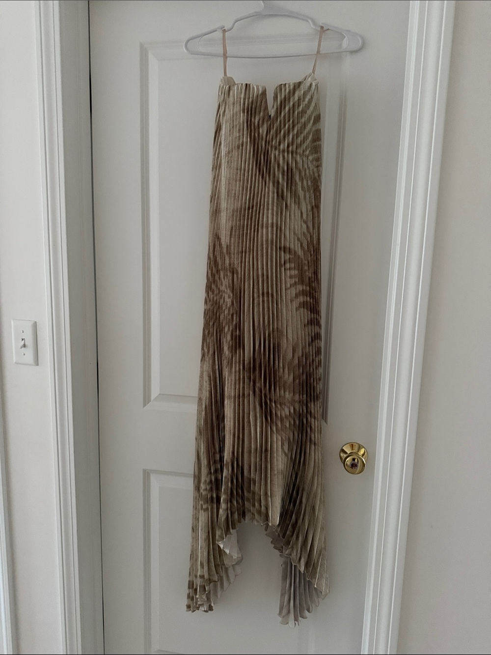 Pleated Asymmetric Maxi Skirt in Taupe Palm Print